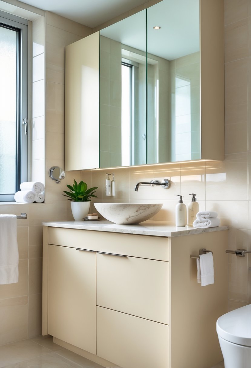 A bathroom with a cream beige painted cabinet, white marble countertop, vessel sink, chrome fixtures, and a small green plant.
