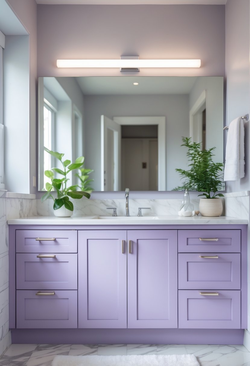 A bathroom with a lilac-colored cabinet under a mirror, white countertop, and a small potted plant.