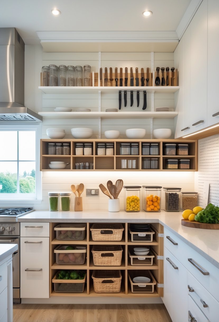 A modern kitchen displaying various storage solutions including shelves, drawers, racks, and containers organized neatly.