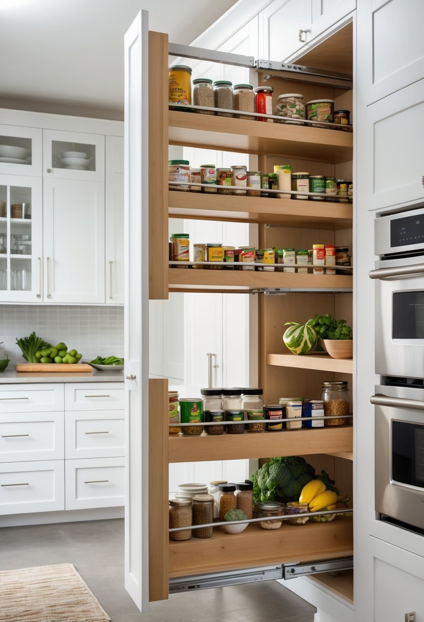 A modern kitchen with pull-out pantry shelves extended, displaying organized food items and storage containers.