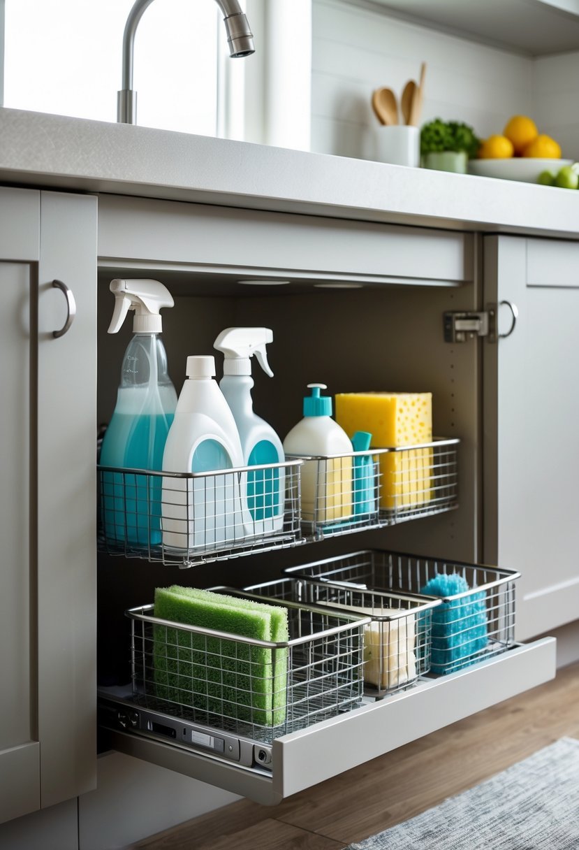 Open kitchen cabinet under the sink with sliding baskets neatly organizing cleaning supplies.