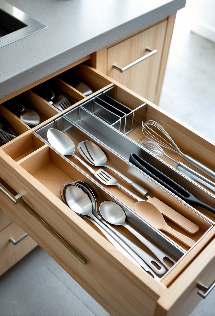 A neatly organized kitchen drawer with wooden and metal dividers holding various utensils like forks, knives, and spoons.
