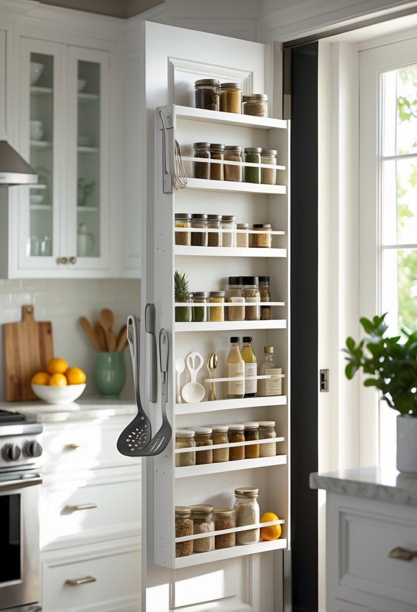 A kitchen with an over-the-door cabinet organizer holding spices and utensils on a pantry door.