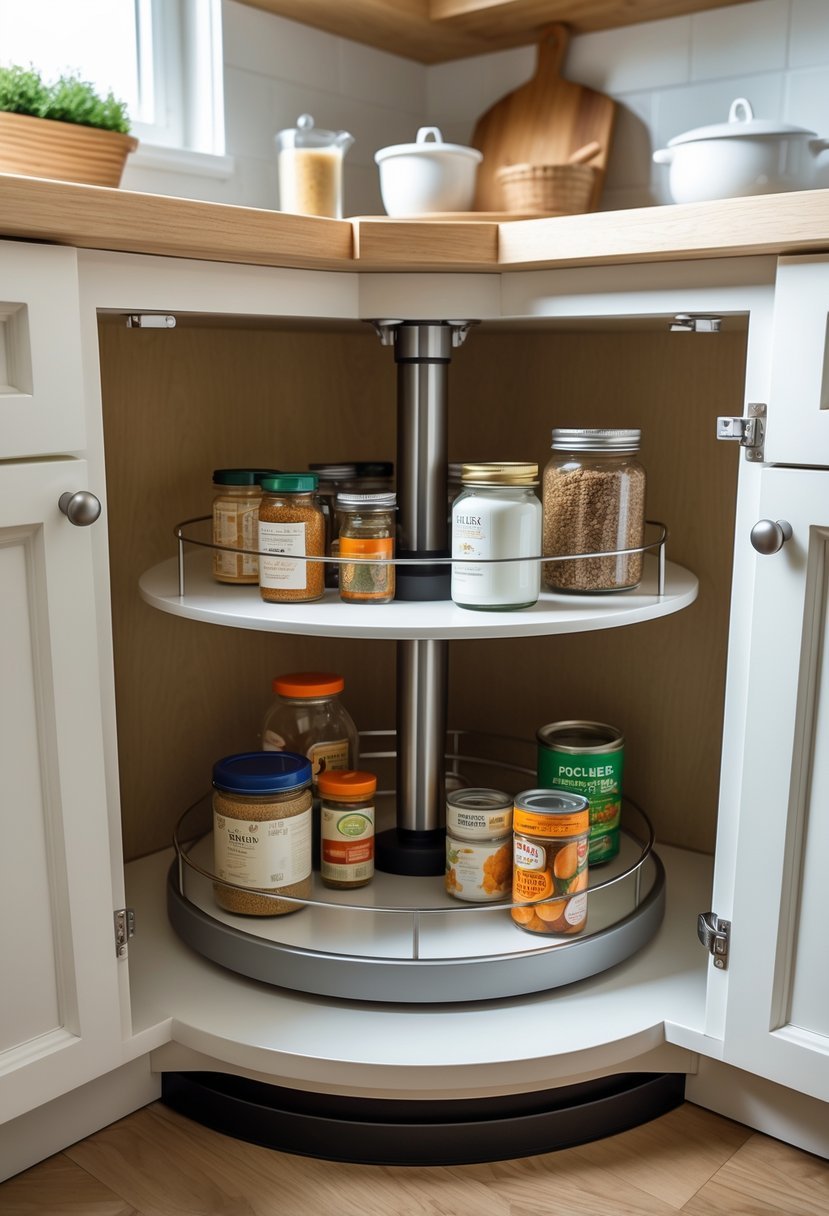 Open kitchen corner cabinet with a rotating Lazy Susan holding neatly arranged spice jars and containers.