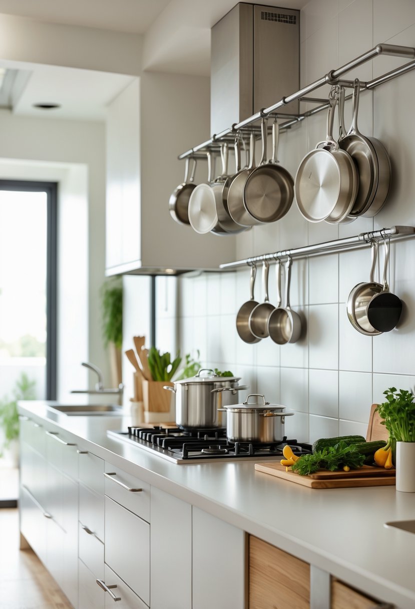 A modern kitchen with wall-mounted pot racks holding pots and pans above a countertop with kitchen utensils and fresh ingredients.