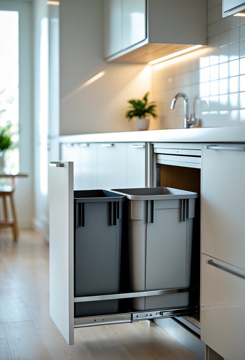 A modern kitchen with pull-out trash and recycling bins partially extended from a cabinet, showing separate compartments for waste and recyclables.
